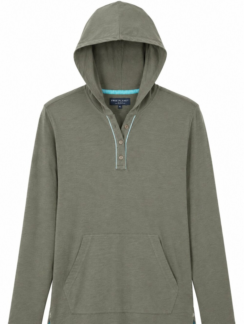 FREE PLANET | Mens Olive Cotton Long Sleeve Henley Lightweight Hoodie Shirt | XL